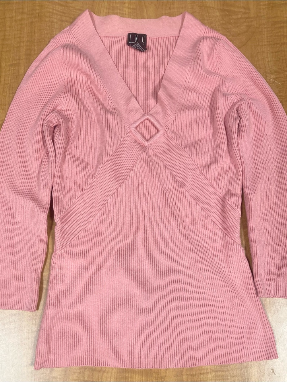 Two INC International Concepts Ribbed V-Neck Sweaters in Pink & Brown